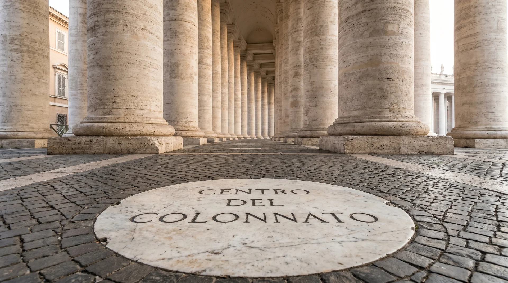 Optische Täuschung der Kolonnade vom Centro del Colonnato auf dem Petersplatz aus gesehen
