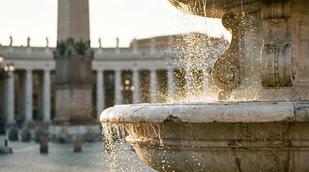Barocker Brunnen auf dem Petersplatz mit kaskadierendem Wasser im Morgenlicht
