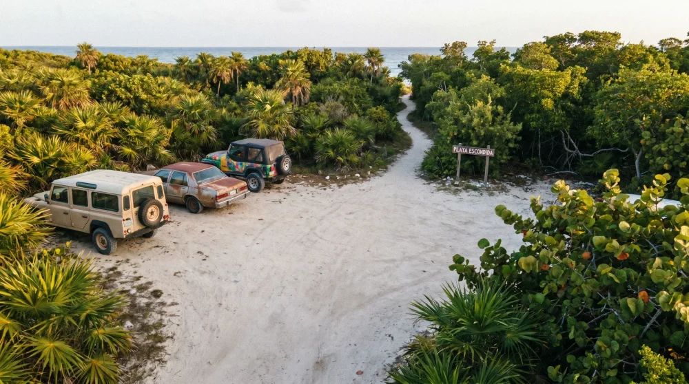 Kleiner öffentlicher Parkplatz bei Starfish Point Grand Cayman mit Palmen, morgens fast leer