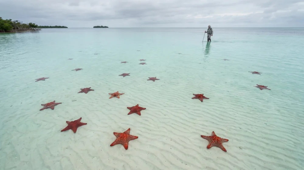 Red cushion sea stars visible in shallow clear water at Starfish Point Grand Cayman