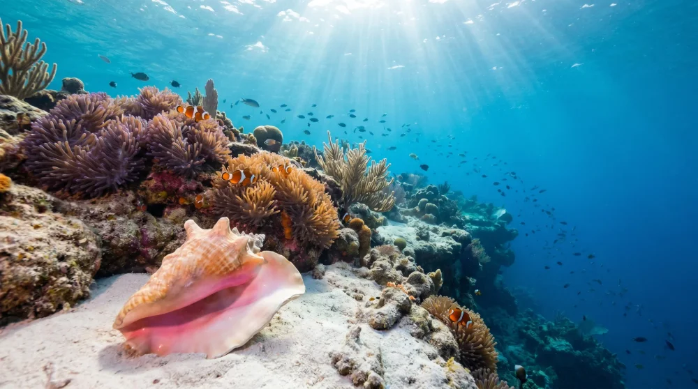 Tritonschnecken und Seeanemonen an der Unterwasser-Abbruchkante bei Starfish Point Grand Cayman