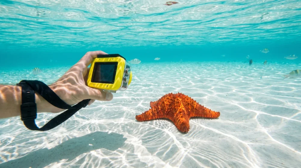 Unterwasserkamera wird neben einem roten Kissenstern bei Starfish Point Grand Cayman ins Wasser gehalten