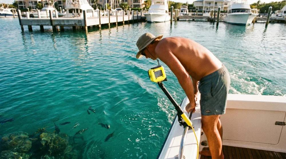Besucher auf einem Stingray City Tourboot hält eine wasserdichte Kamera bereit, um Stachelrochen auf Grand Cayman zu fotografieren