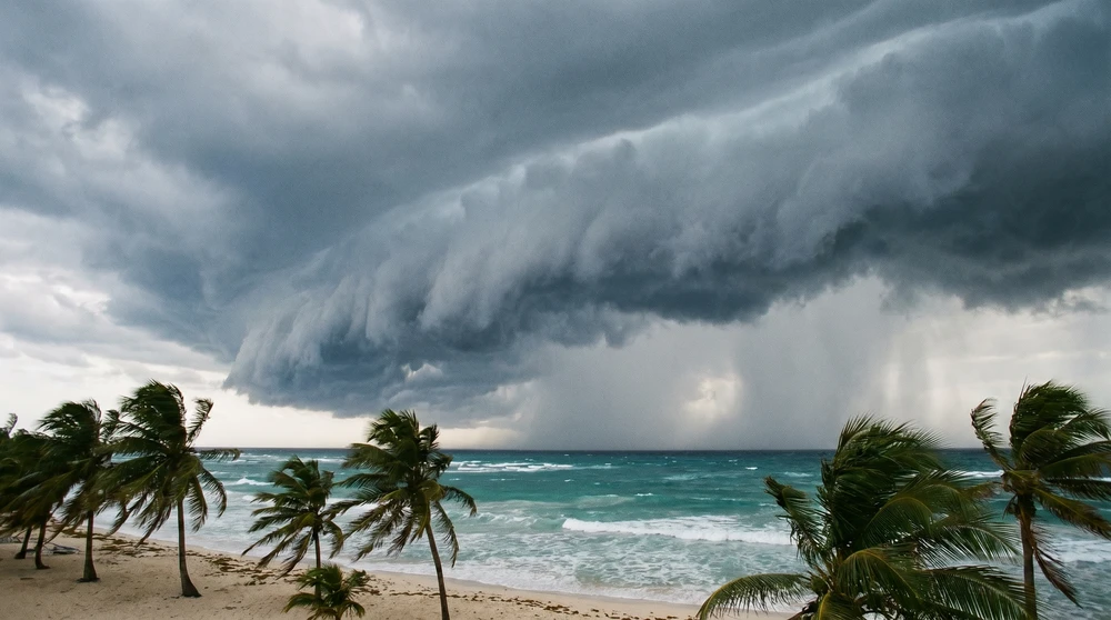 Tropensturmwolken über einer Küste von St. Kitts während der karibischen Hurrikansaison