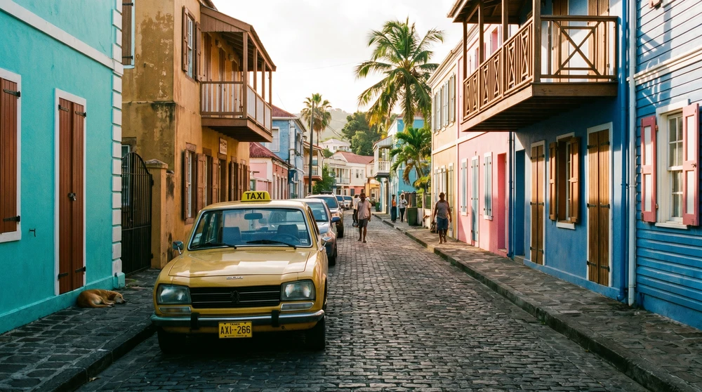 Zugelassenes Taxi mit gelbem Kennzeichen in einer farbenfrohen Straße auf St. Kitts, wo der Fahrpreis vor der Fahrt vereinbart wird