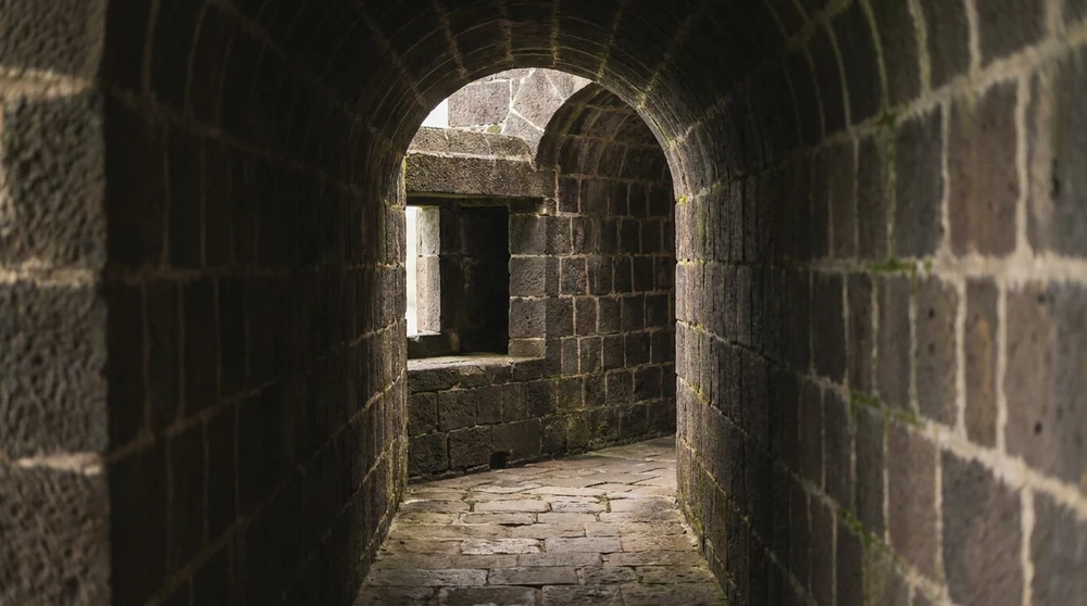 Steinerner Torbogen im Inneren der Brimstone Hill Fortress mit Lichtstrahlen auf dem abgenutzten Pflaster aus Vulkangestein.