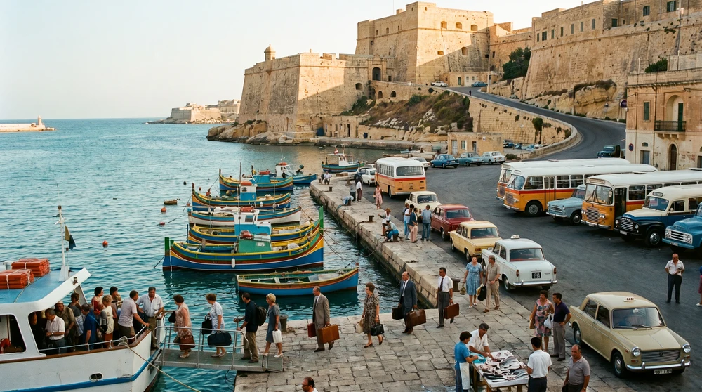 Compact stone harbor with moored boats, arriving passengers and waiting buses beneath a hilltop fortress