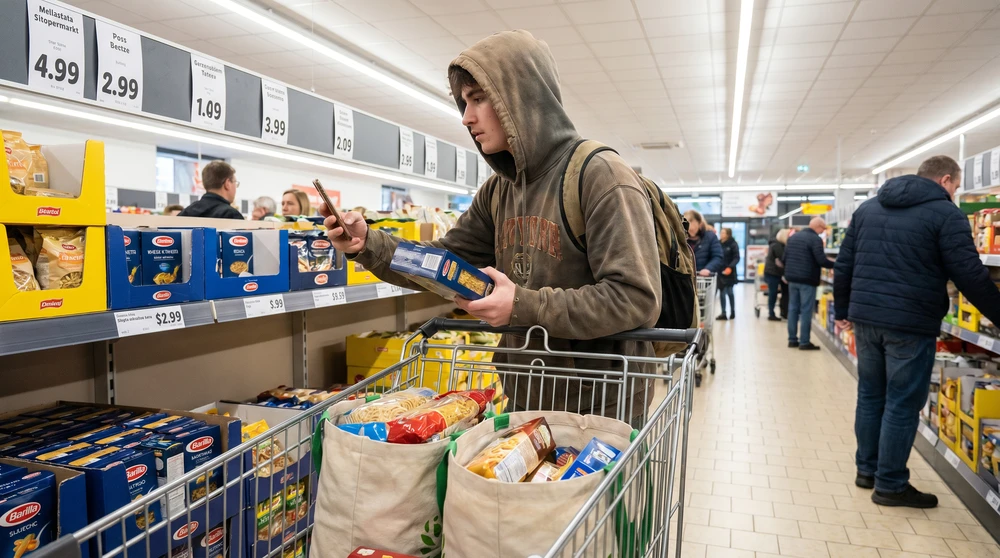 Student comparing prices while grocery shopping with a cart at a large discount supermarket in Malta.
