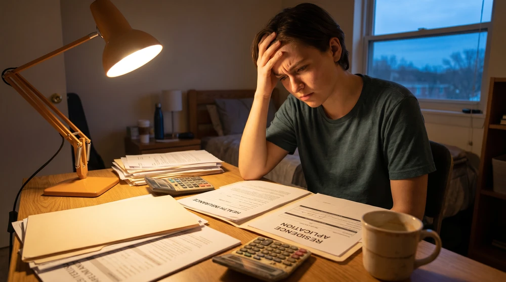 Student reviewing health insurance documents and residence application paperwork at a desk under a warm lamp.