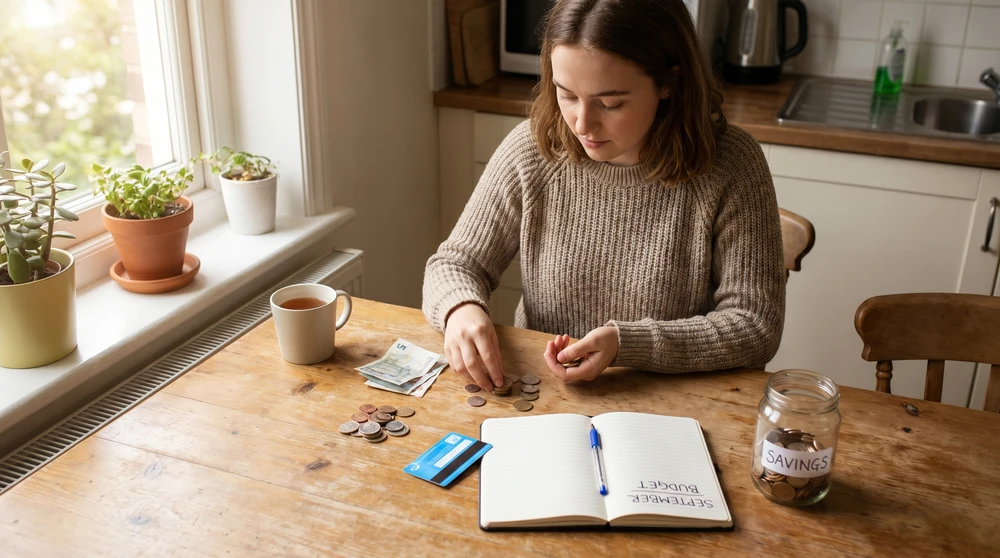 Student counting money beside a handwritten monthly budget, transport card and savings jar in soft window light.