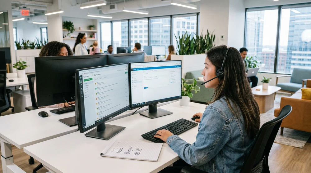 Student working a part-time customer support job with a headset at a modern open-plan office desk.