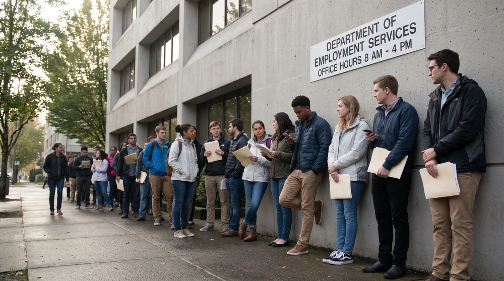 International students waiting with documents outside a government office during the work eligibility waiting period.
