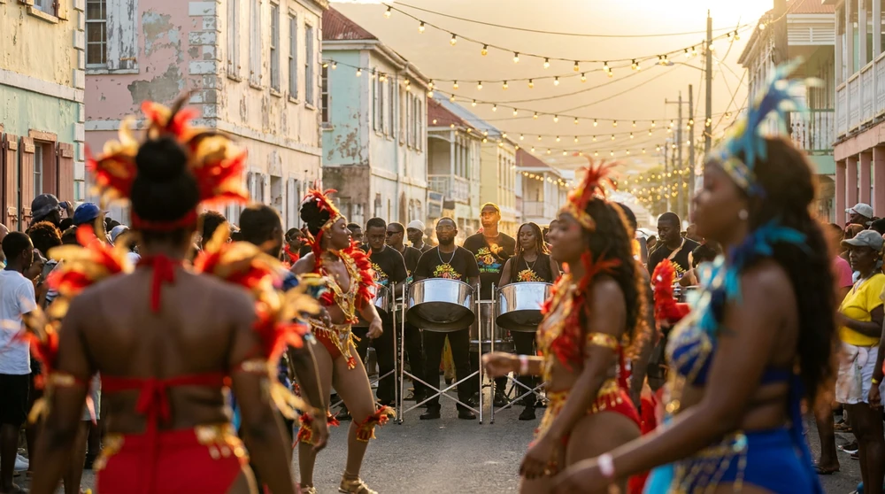 Steel pan band and feathered costumes during a Sugar Mas carnival street parade in Basseterre, Saint Kitts.