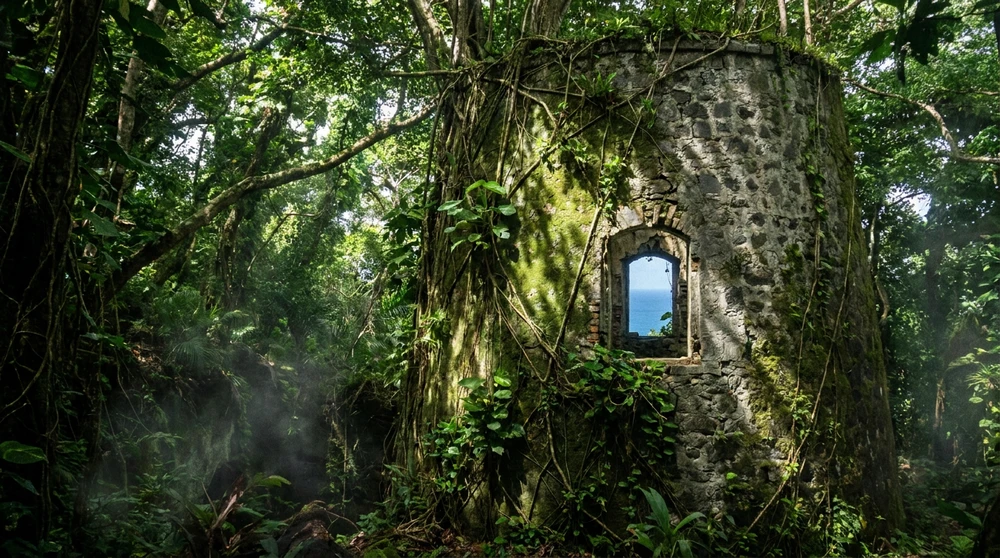 Überwucherte runde Steinruine einer Zuckermuehle auf Nevis, behangen mit tropischen Lianen.