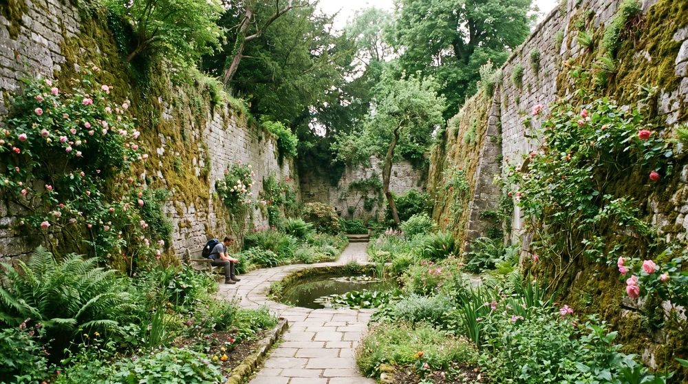 Quiet sunken garden inside a deep defensive ditch flanked by towering sheer limestone walls