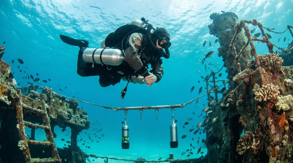 Technical diver with twin tanks and rebreather descending on Bikini Atoll wreck