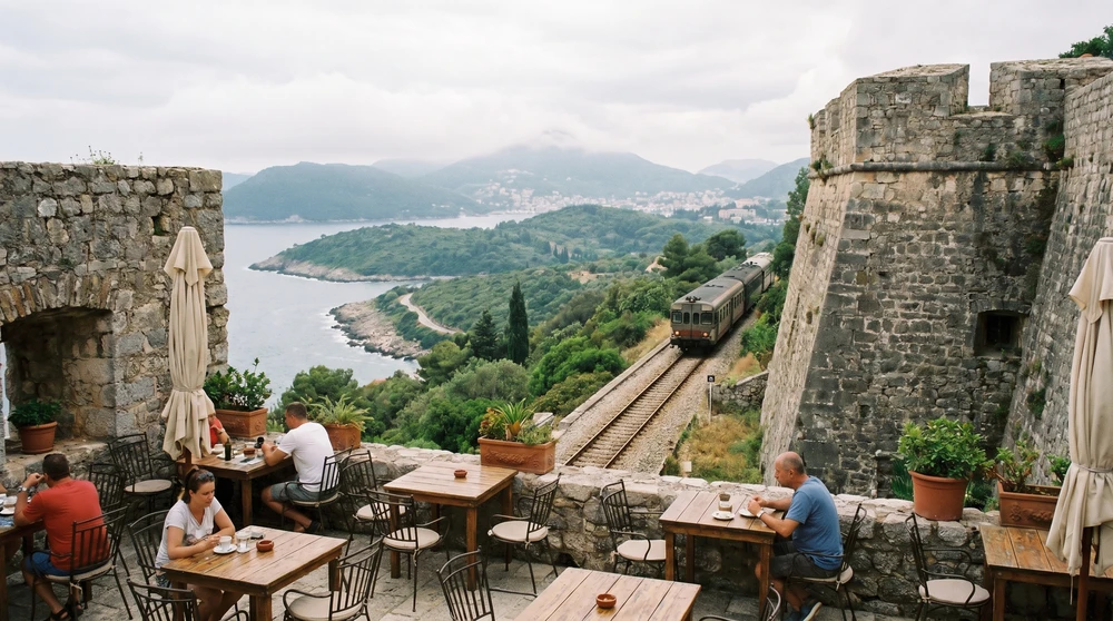 Railside terrace cafe on fortress bastions with sweeping island views in morning light