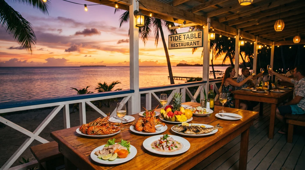 Tide Table Restaurant im Robert Reimers Hotel in Majuro mit Blick auf die Lagune bei Sonnenuntergang und Meeresfrüchten auf dem Tisch. Die zuverlässigste Restaurantadresse auf dem Atoll.