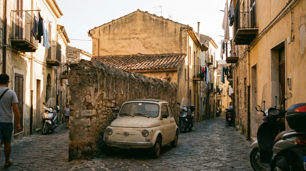 Small car squeezed beside a stone wall on a narrow crowded Mediterranean town street