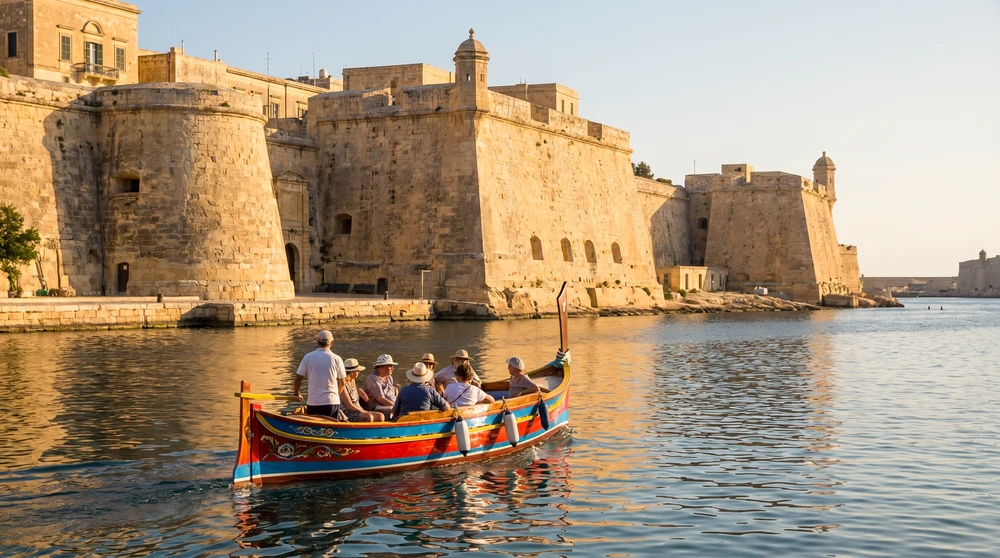 Traditional painted wooden water taxi crossing a calm harbor channel beneath tall stone bastions in golden light