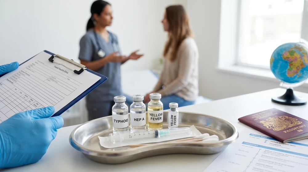 Travel health clinic consultation with vaccines and passport on a medical tray, preparing for Marshall Islands trip. A doctor reviews vaccination records and travel itinerary before departure.