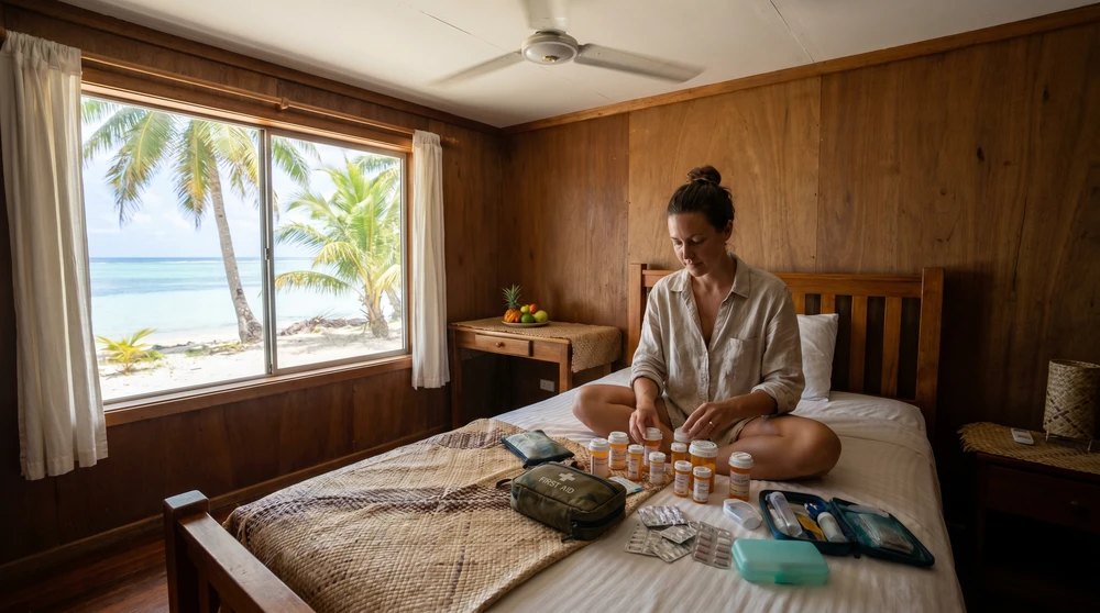 Traveler organizing prescription medications and a first aid kit in a tropical hotel room in the Marshall Islands, with natural window light. Local pharmacies face frequent supply shortages, making it essential to bring enough medication from home.