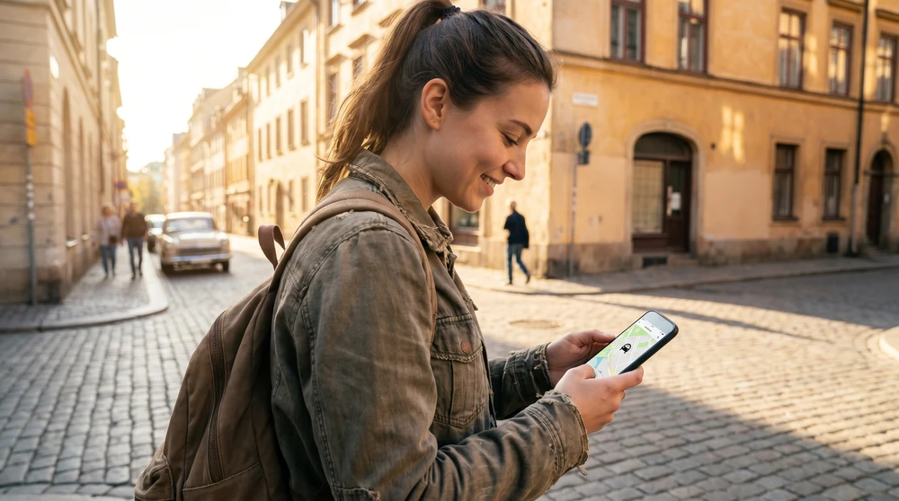 Reisender prüft eine Ride-Hailing-App auf dem Handy beim Warten auf einer ruhigen sonnigen Straße