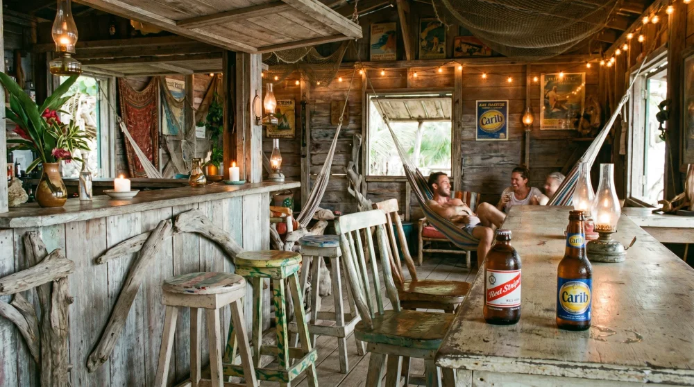 Rustikales Interieur einer Strandbar in Treasure Beach Jamaika mit Holzwänden
