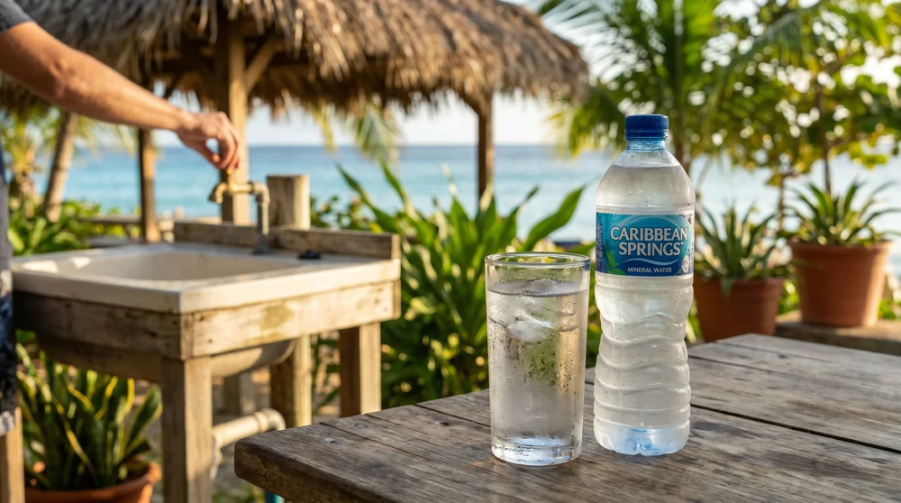 Versiegeltes Mineralwasser neben einem Glas in der Karibik – Leitungswasser in Jamaika meiden
