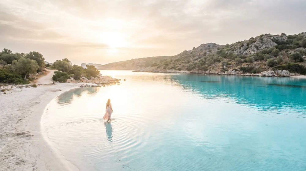 Einsame Person, die im Morgengrauen durch türkisfarbenes Lagunenwasser nahe Comino, Malta, watet