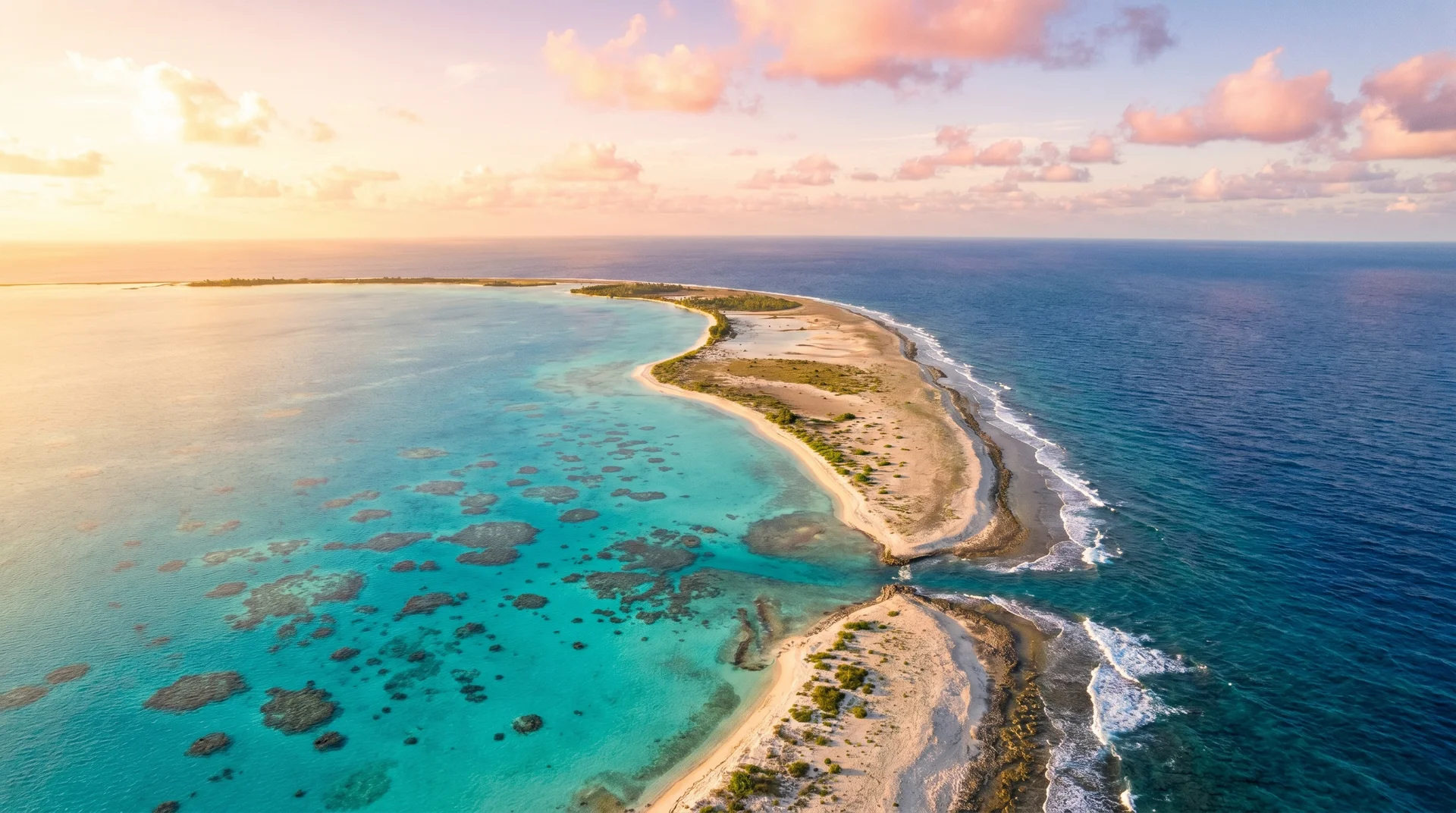 Luftaufnahme des tiefgelegenen Korallatolls Tuvalu kaum über dem Meeresspiegel, umgeben vom türkisfarbenen Pazifik