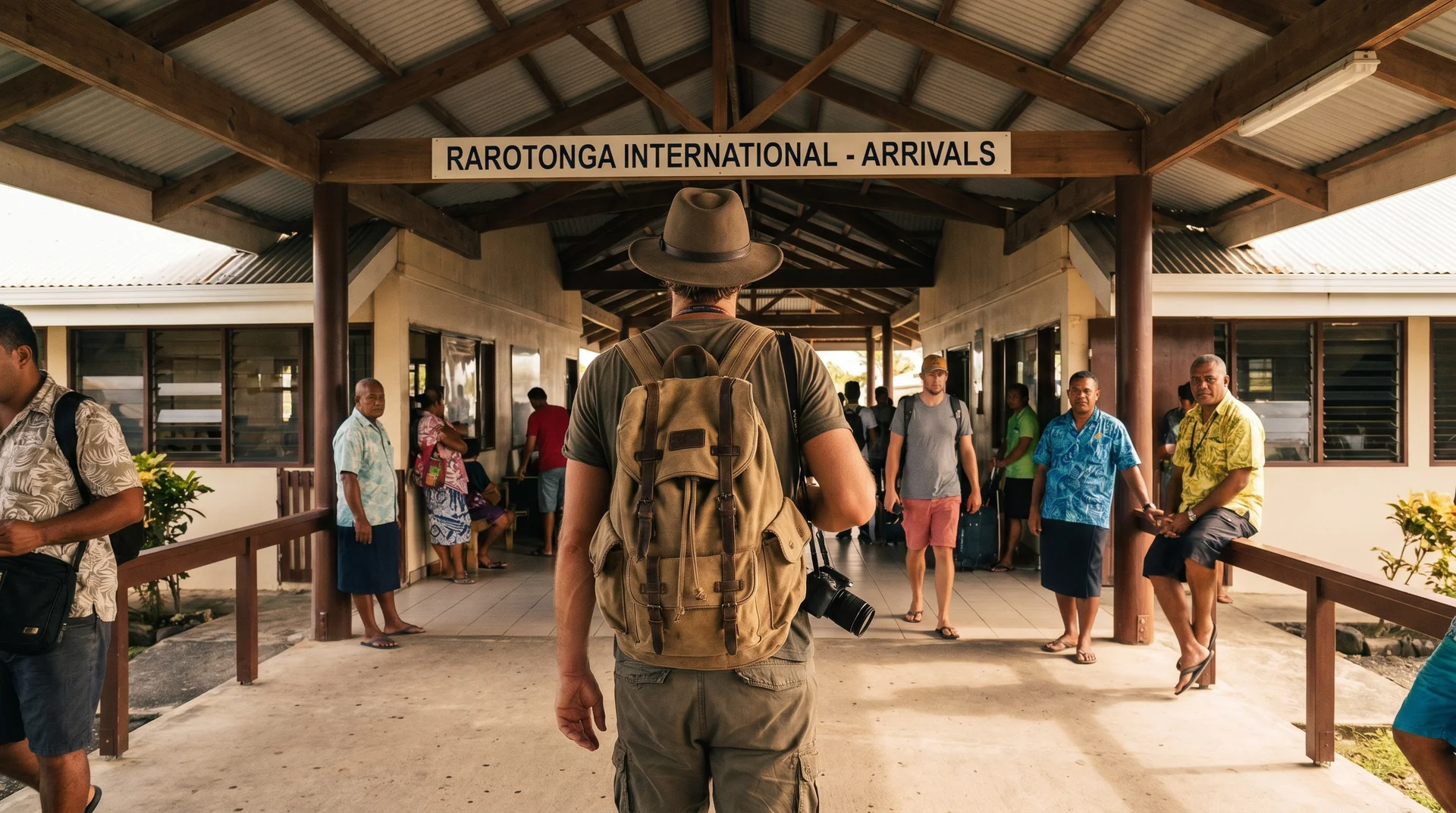 Reisender mit nur einem kleinen Handgepäckstück am Terminal eines pazifischen Inselflughafens als Strategie für Tuvalu-Flüge