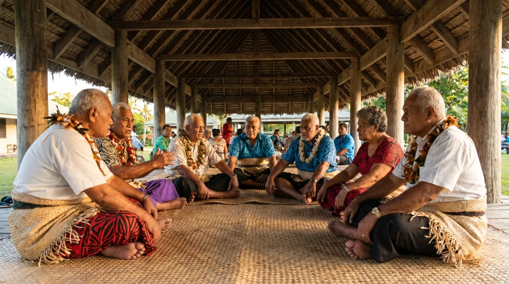 Tuvaluische Gemeinschaftsälteste treffen sich unter einer traditionellen Maneapa-Halle und diskutieren Klimaanpassung