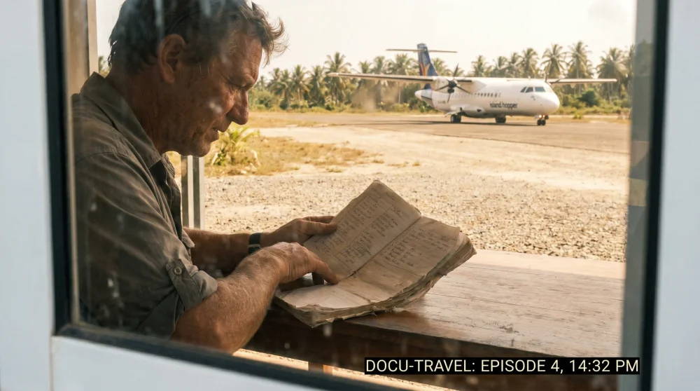 A country collector reviewing their list of visited UN member states with a Tuvalu flight visible in background