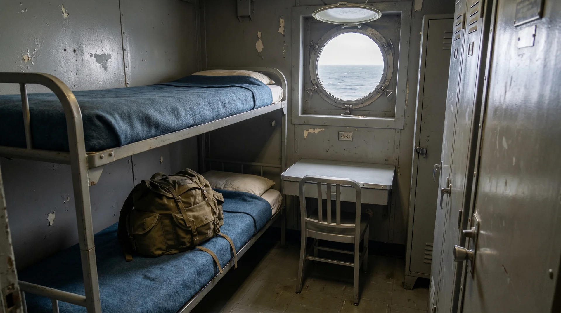 Basic cabin interior on a Tuvalu government inter-island ferry showing bunk beds and minimal amenities
