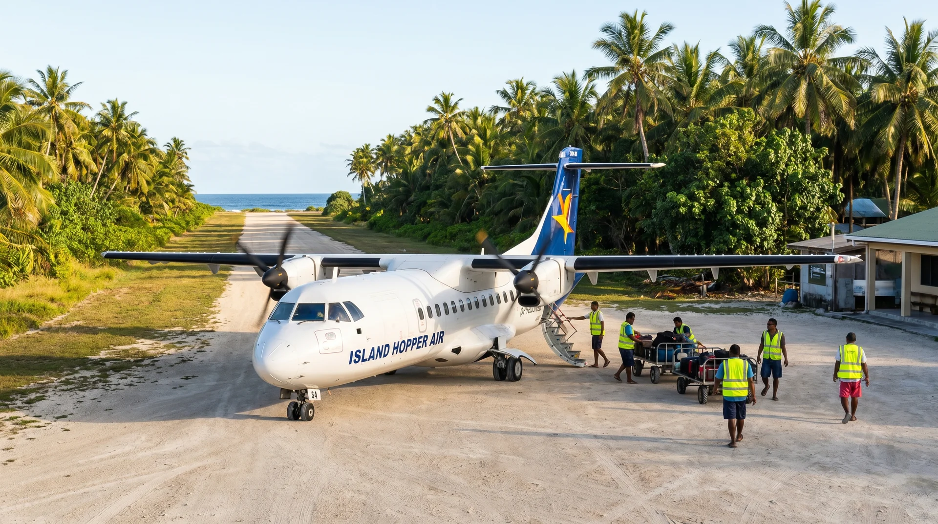 Fiji Airways ATR 72 Propellermaschine auf der Landebahn des Funafuti International Airport in Tuvalu