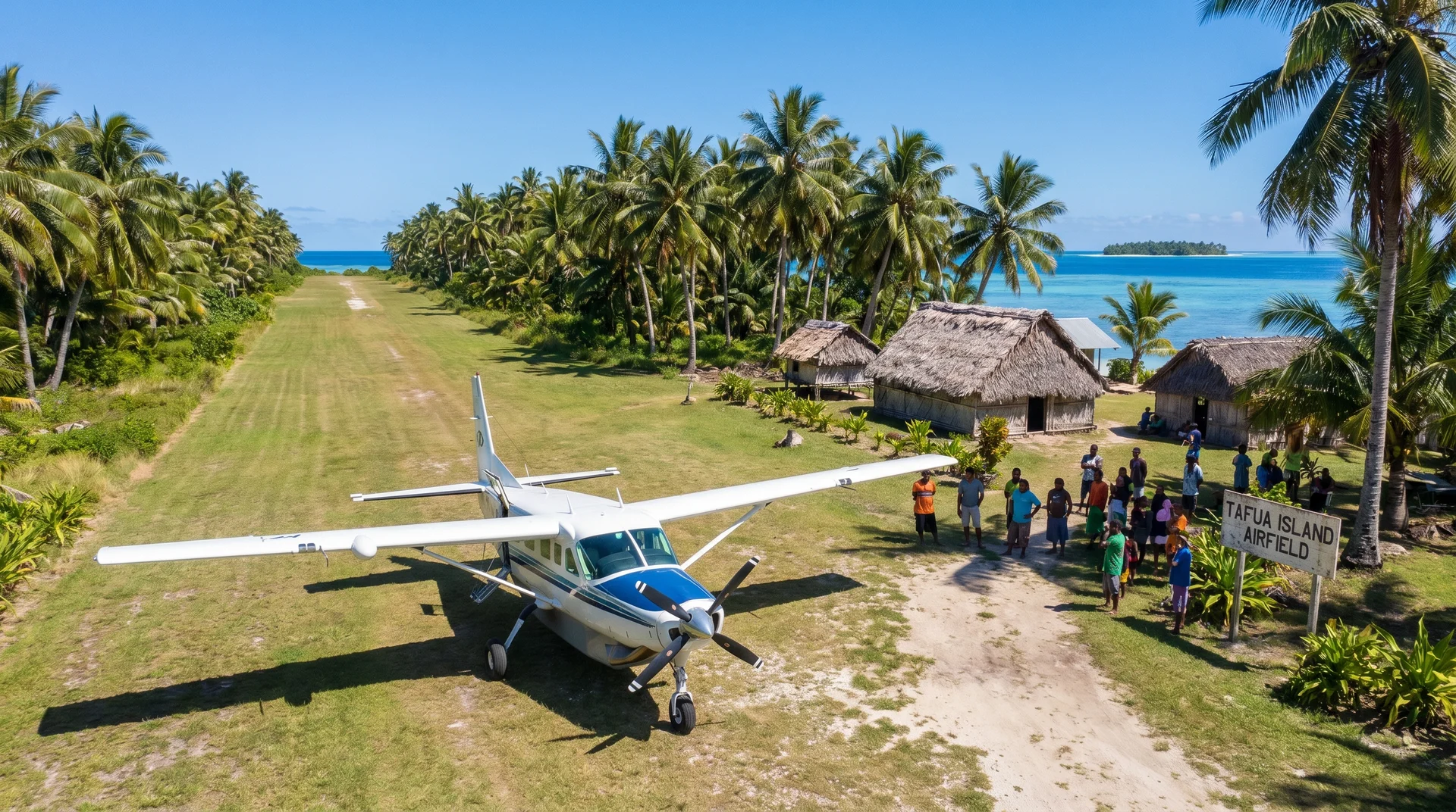 Ein kleines Fiji Airways ATR-Propellerflugzeug auf der Piste des Internationalen Flughafens Funafuti in Tuvalu