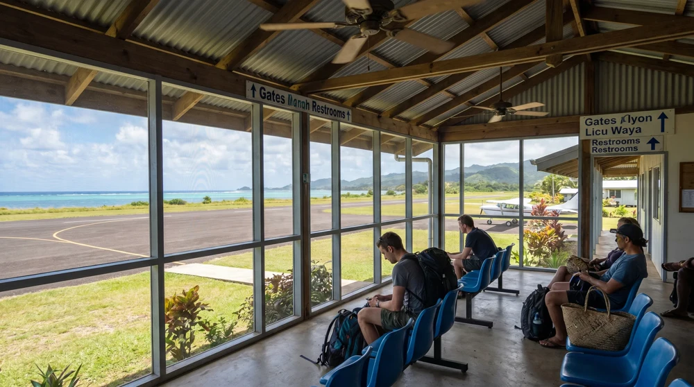 Das kleine Terminalgebäude des internationalen Flughafens Funafuti in Tuvalu mit der gemeinschaftlich genutzten Landebahn