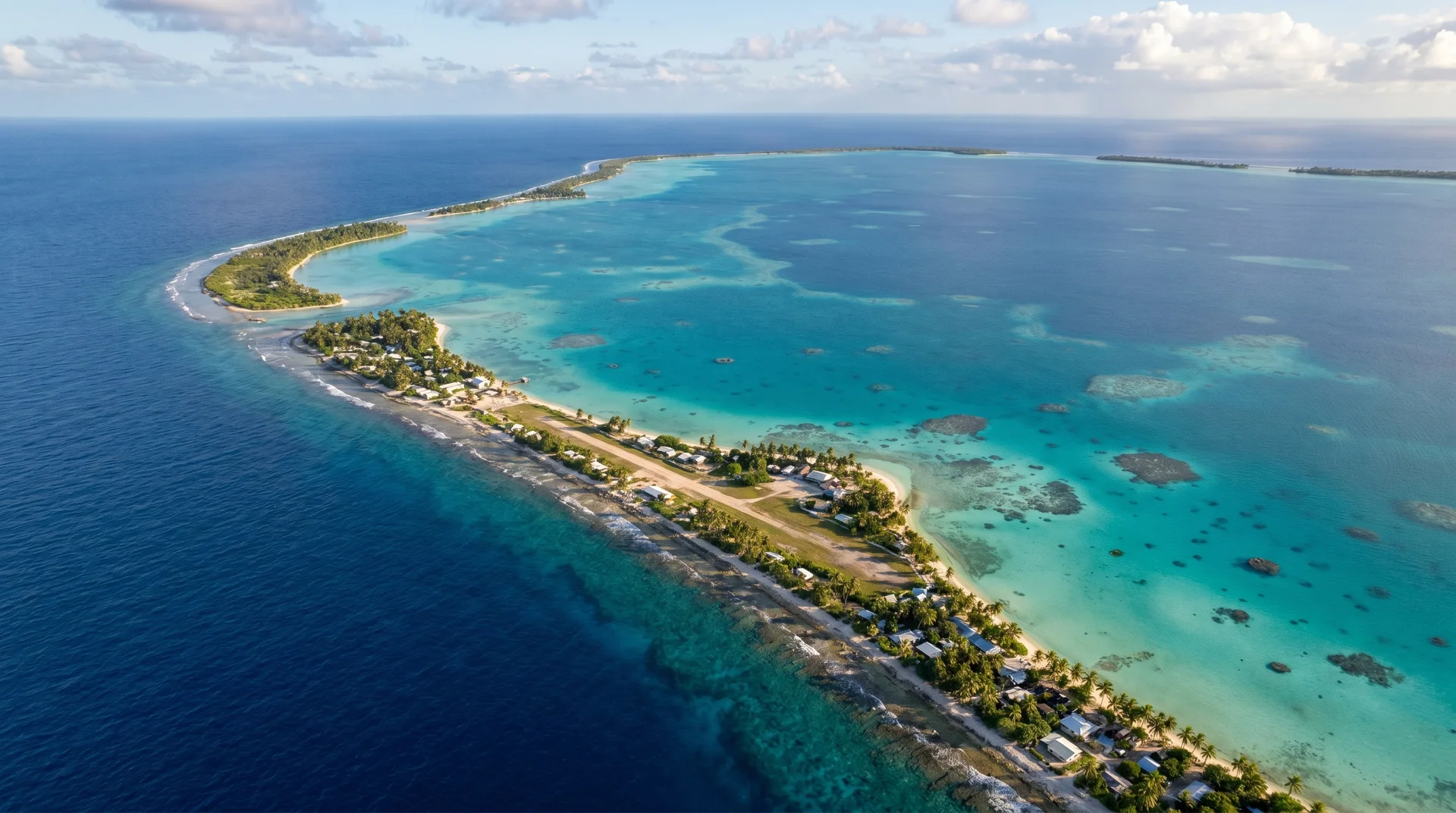 Aerial view of Funafuti atoll showing Tuvalu's narrow coral land surrounded by Pacific Ocean