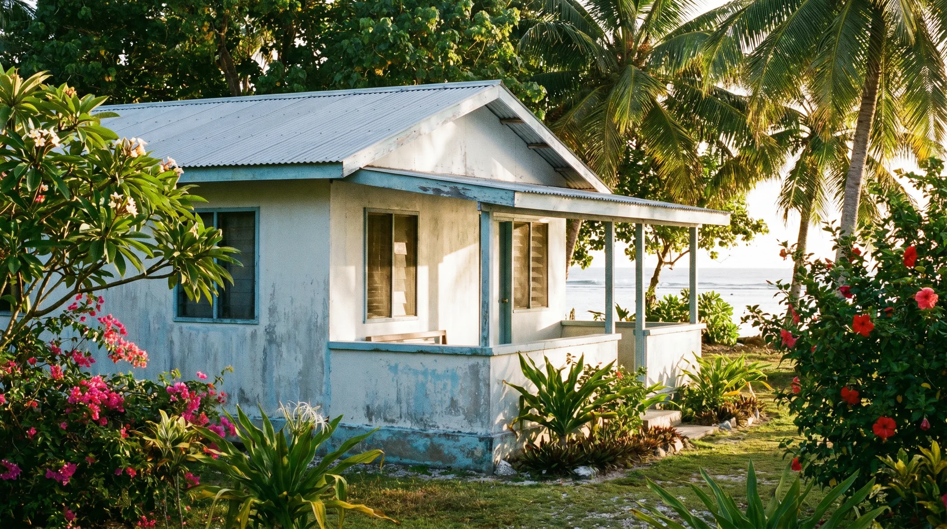 A small clean guesthouse exterior in Funafuti, Tuvalu showing basic but well-maintained budget accommodation