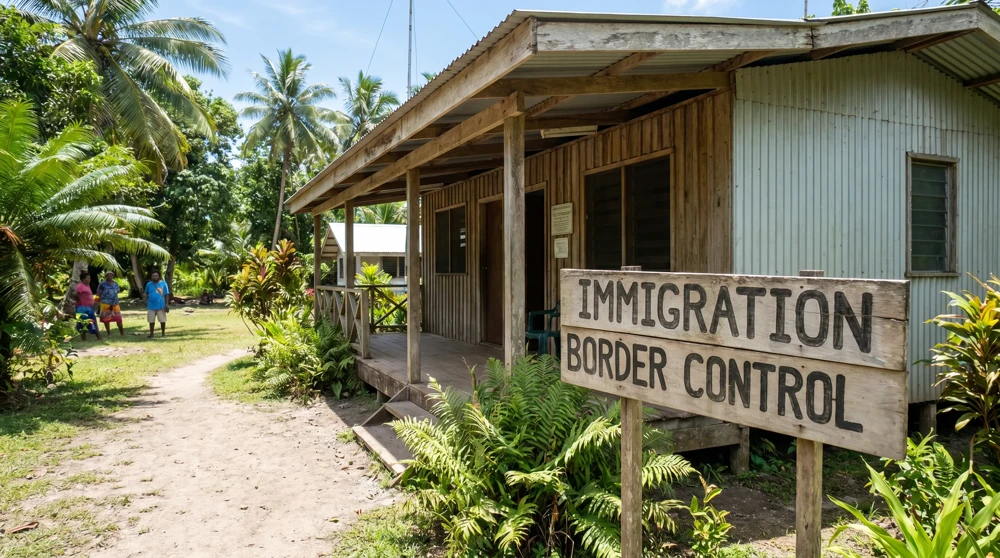 The small immigration and border control building at Funafuti International Airport in Tuvalu