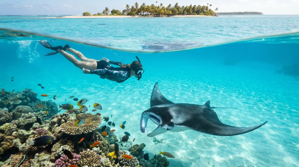 Schnorchler beobachtet Mantarochen im geschützten Funafuti Conservation Area Tuvalu