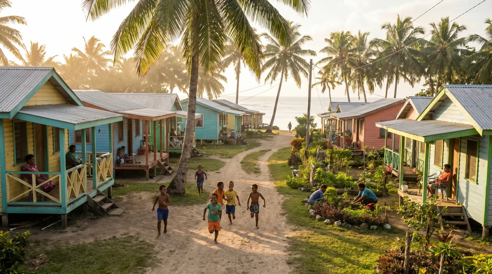 Local community life in a Tuvaluan village on Funafuti atoll showing traditional Pacific island culture