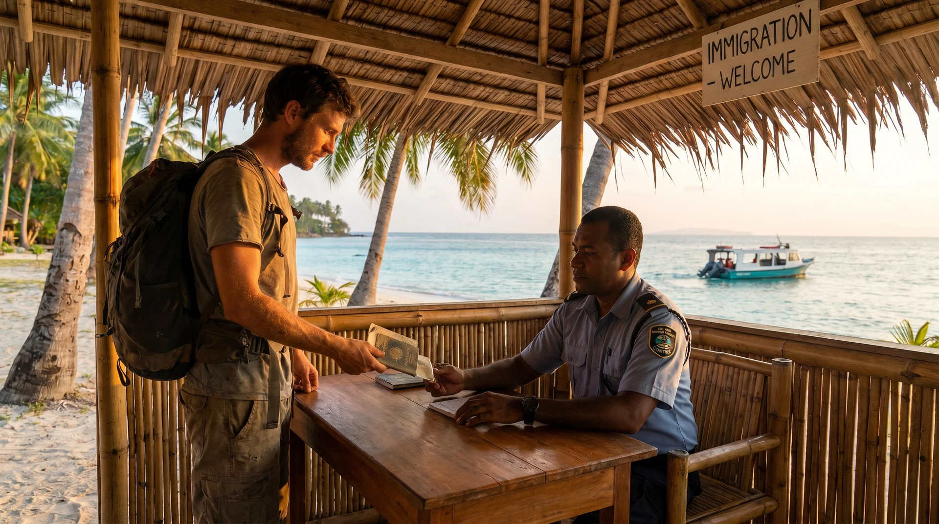 Reisender präsentiert Reisepass an der Einwanderungskontrolle des Flughafens Funafuti in Tuvalu