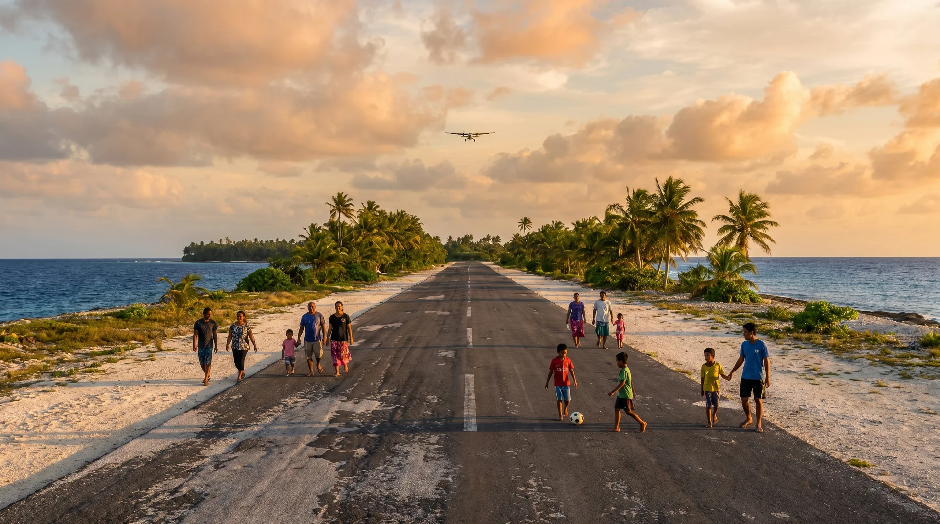 Einheimische gehen auf der Landebahn des Flughafens Funafuti in Tuvalu spazieren nach Sonnenuntergang