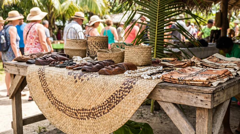 Traditionelle tuvaluische Flechtmatten und Handarbeiten im Funafuti Handicraft Center, die Biosicherheitszertifikate für den Export erfordern