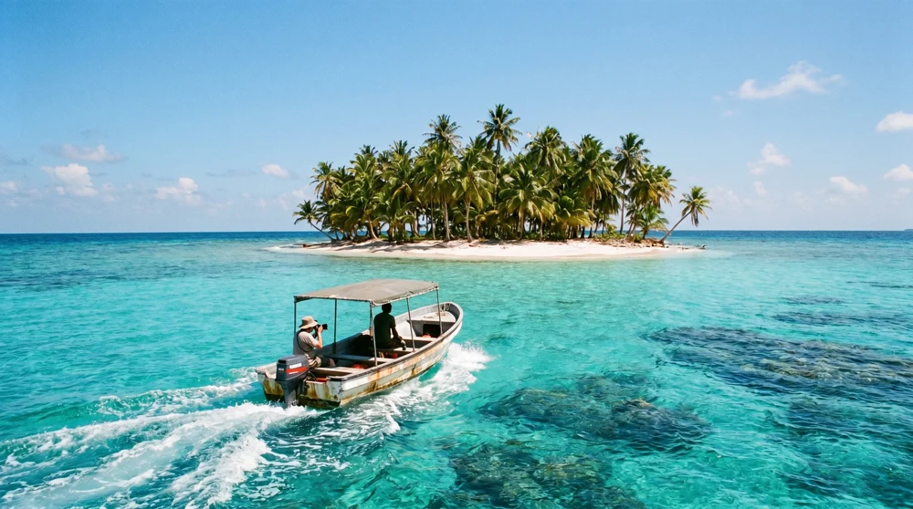 Ein kleines Motorboot überquert die Funafuti-Lagune zu einem kleinen sandigen Inselchen im Funafuti Conservation Area
