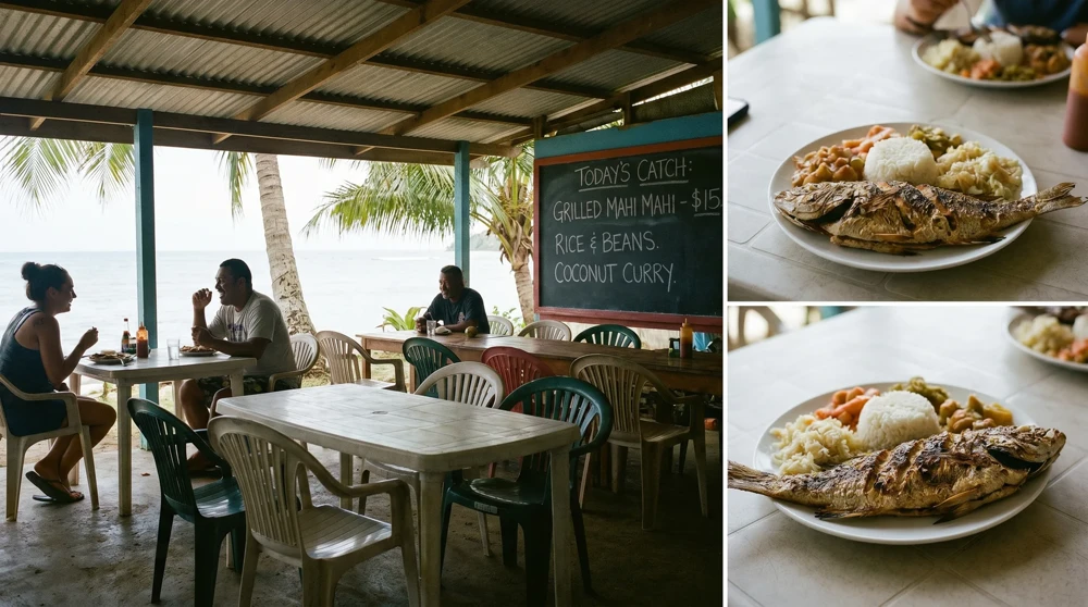 Einfaches lokales Restaurant in Funafuti, Tuvalu, das frischen Fisch und Reis als typisches lokales Gericht serviert