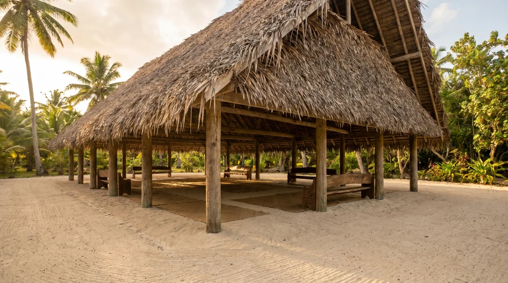 An open-sided traditional maneapa community hall on Vaitupu atoll in Tuvalu used for island governance and gatherings