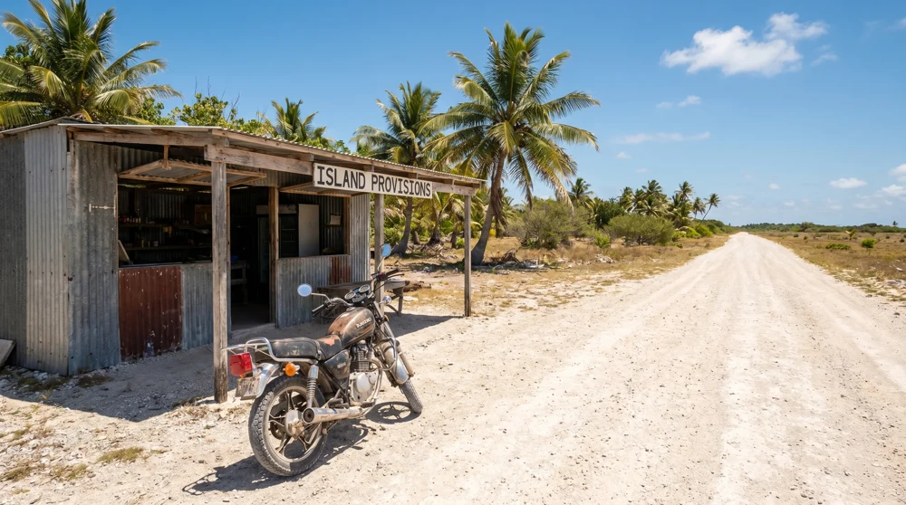 Gemietetes Motorrad auf einer ruhigen Straße in Funafuti, Tuvalu, der häufigsten Fortbewegungsform auf dem Atoll